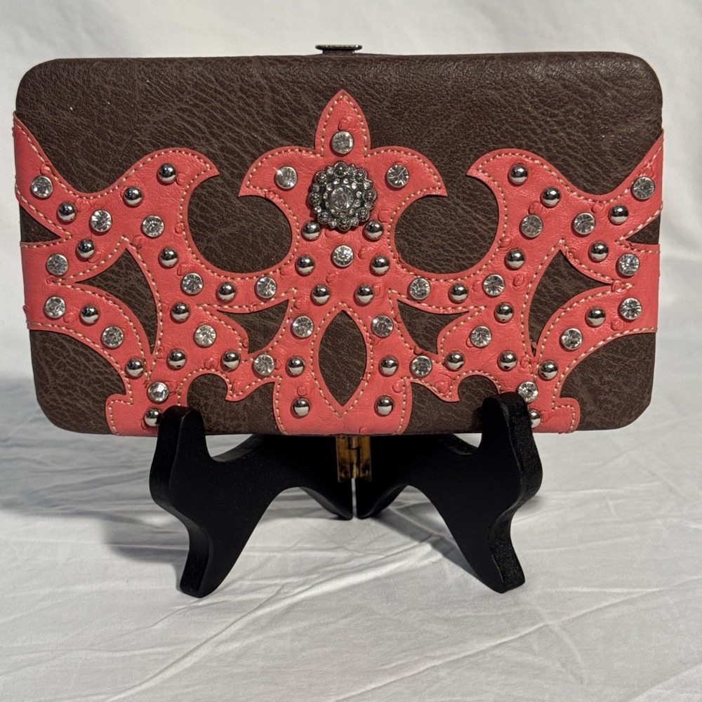 Heritage West Women's Western Clutch Wallet Rhinestone Accents Pink & Brown EUC